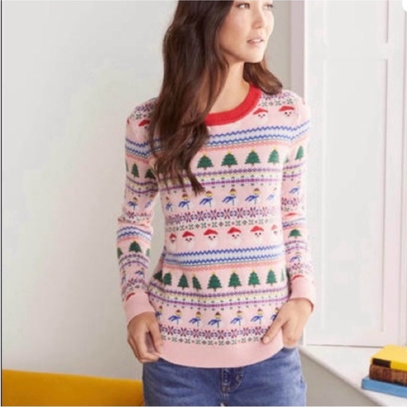 Boden Pink Fair Isle Santa Tree Skiers Women’s Holiday Sweater Size Medium, EUC - Picture 2 of 11